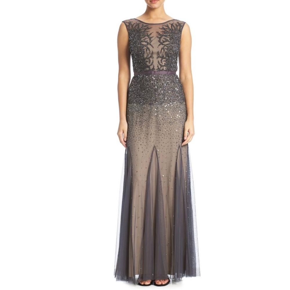 Adrianna Papell Gunmetal Beaded Illusion Gown 4
